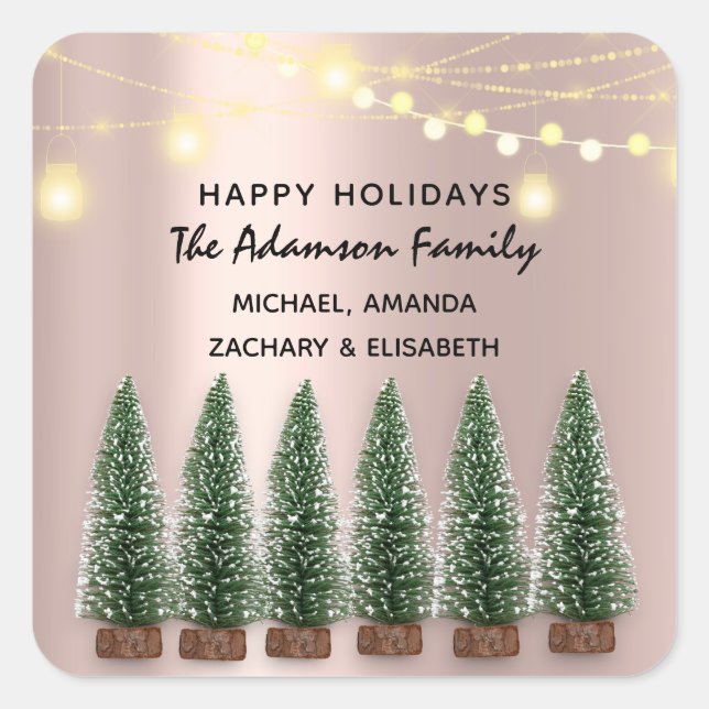 Adesivo Quadrado Felizes Feriados Feliz Festa de Natal Nome Rosa (Frente)