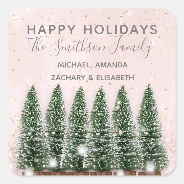 Adesivo Quadrado Felizes Feriados Felizes Árvores de Natal Douradas (Frente)