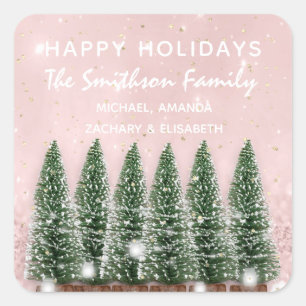 Adesivo Quadrado Felizes Férias Feliz Árvores de Natal Nome Rosa