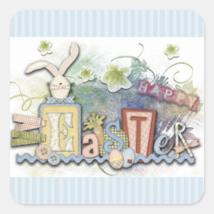 Adesivo Quadrado Felz pascoa Blue Bunny & Flowkers