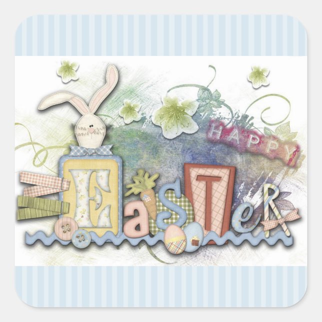 Adesivo Quadrado Felz pascoa Blue Bunny & Flowkers (Frente)