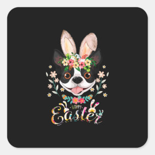 Adesivo Quadrado Felz pascoa Bunny Boston Terrier sobe com leste