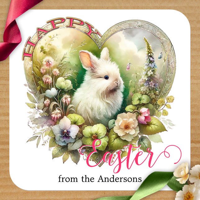 Adesivo Quadrado Felz pascoa Cachorro Aquarela Bunny Floral (Happy Easter sticker featuring a cute watercolor bunny surrounded by a heart with flowers. )