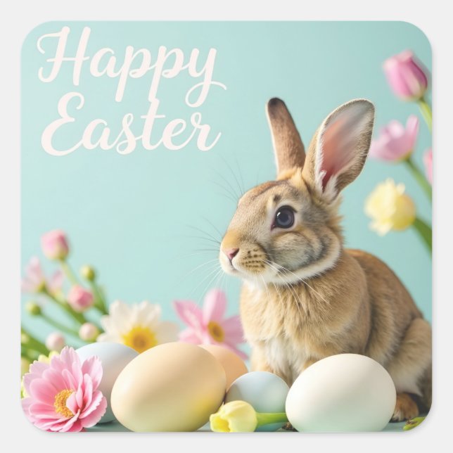 Adesivo Quadrado Felz pascoa com coelho e flores (Frente)