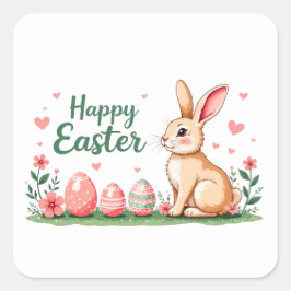 Adesivo Quadrado Felz pascoa com coelho, ovos e flores