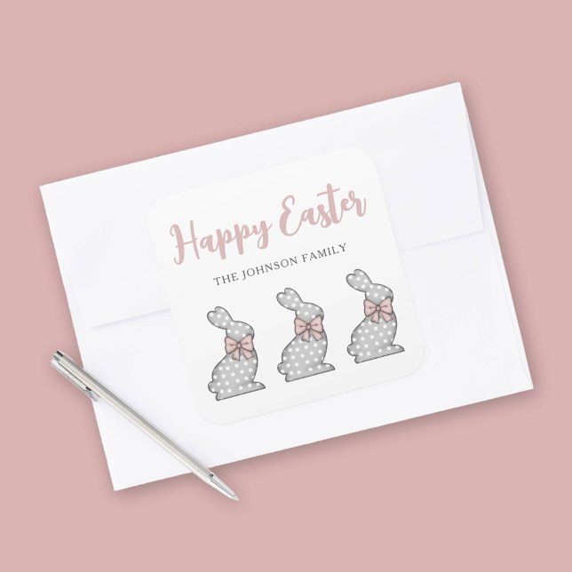 Adesivo Quadrado Felz pascoa de coelho rosa-claro (Cute Pink Bunny Happy Easter Square Sticker)