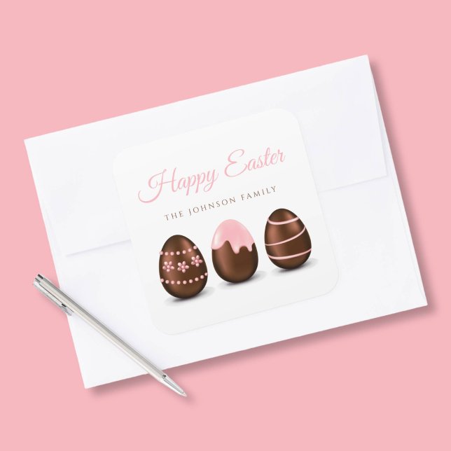 Adesivo Quadrado Felz pascoa de Ovos de Chocolate (Cute Chocolate Eggs Happy Easter Square Sticker)