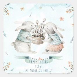 Adesivo Quadrado Felz pascoa Floral Moderno Deseja Boho Bunny