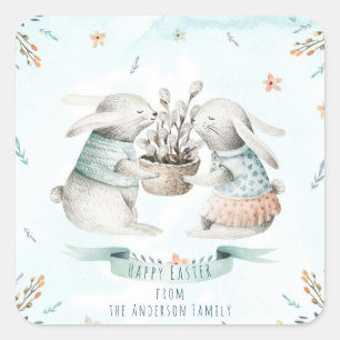 Adesivo Quadrado Felz pascoa Floral Moderno Deseja Boho Bunny