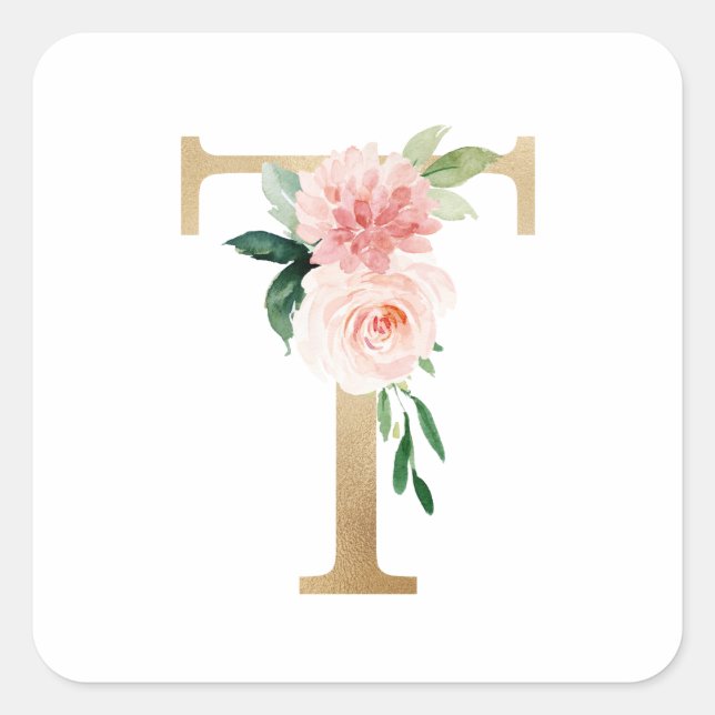 Adesivo Quadrado Feminina Faux Gold Foil Floral - Letra T Monograma (Frente)