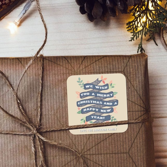 Adesivo Quadrado Feriado de Bandeira de Natal Floral Whimsical (Criador carregado)