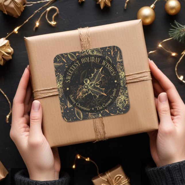 Adesivo Quadrado Feriado de Comida caseiro de Poinsettia de Natal (Christmas black and gold poinsettia, holly, berries, sweetest holiday wishes square stickers)