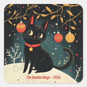 Adesivo Quadrado Feriado de Diversão de Gato Preto Retroativo