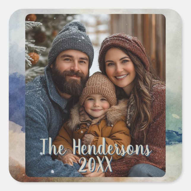 Adesivo Quadrado Feriado de Fotografias com Aquarelas Azul e Terrac (Frente)