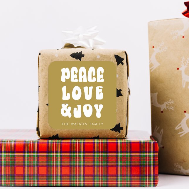 Adesivo Quadrado Feriado de Joy Amor de Paz Verde Retro (Green Retro Groovy Peace Love Joy Holiday Square Sticker)