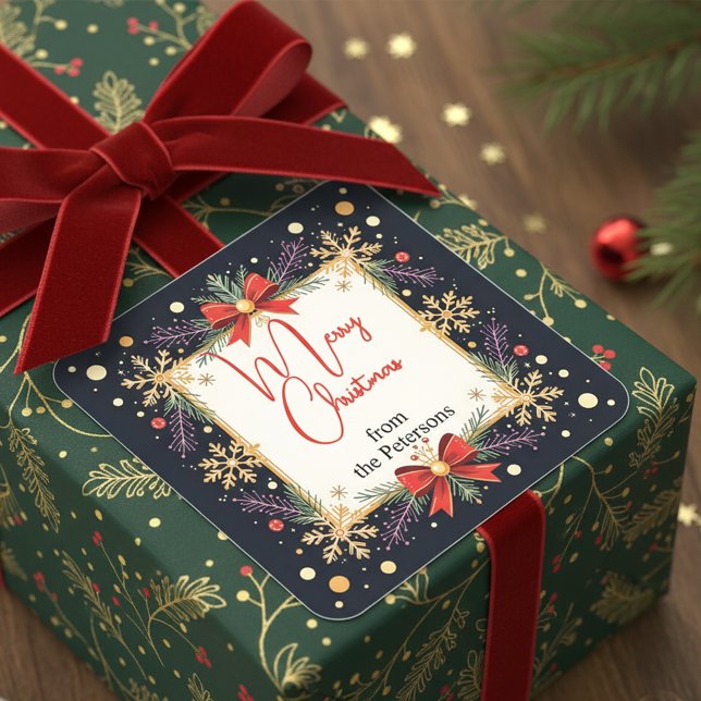 Adesivo Quadrado Feriado de Natal da Família ouro Snowflakes (Criador carregado)