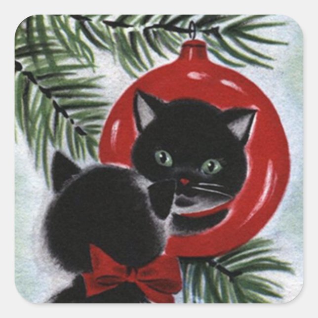 Adesivo Quadrado Feriado de Natal de Gato Negro (Frente)