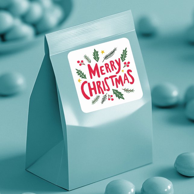 Adesivo Quadrado Feriado de Natal, Feriado de Mão, Feriado de Mão (MERRY CHRISTMAS Hand-Drawn Holiday Whimsical Cute Square Sticker
)
