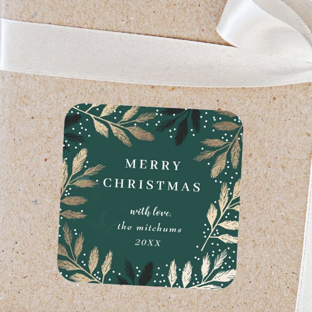 Adesivo Quadrado Feriado de Natal Merry Verde do Dourado Pine Branc (Elegant green and gold christmas gift tag.)