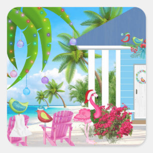 Adesivo Quadrado Feriado de Natal Tropical Birds and Beach House