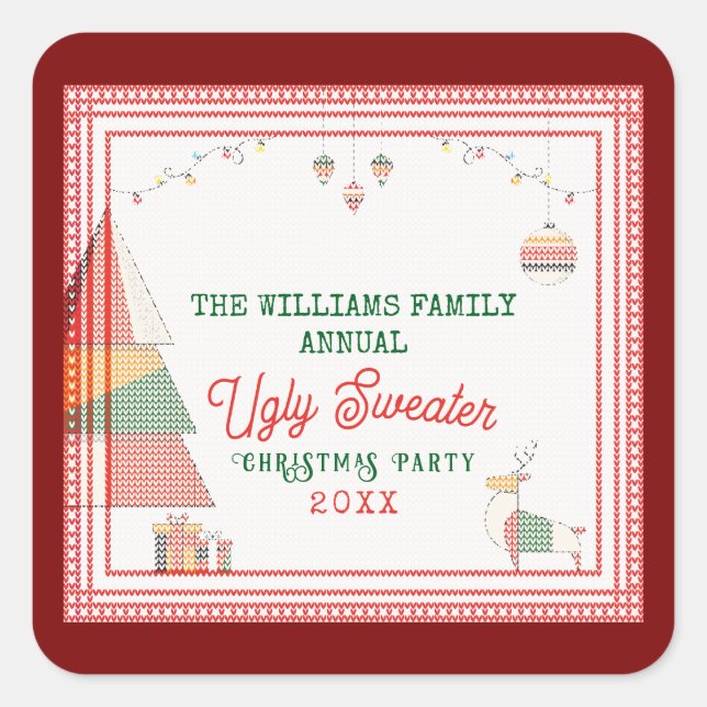 Adesivo Quadrado Feriado de Natal Ugly Sweater (Frente)