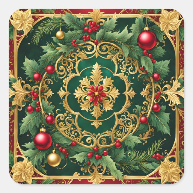 Adesivo Quadrado Feriado de Natal Verde Dourado e Vermelho Decorati (Frente)
