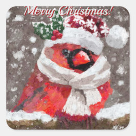 Adesivo Quadrado Feriado de Neve de Pássaro Cardeal Scarf Hat