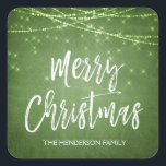 Adesivo Quadrado Feriado de Script de Natal Verde e Branco<br><div class="desc">O manuscrito de Natal verde e branco e brilhante e o adesivo de férias com fio de luz brilhante são perfeitos para um cartão de Natal moderno e elegante.</div>