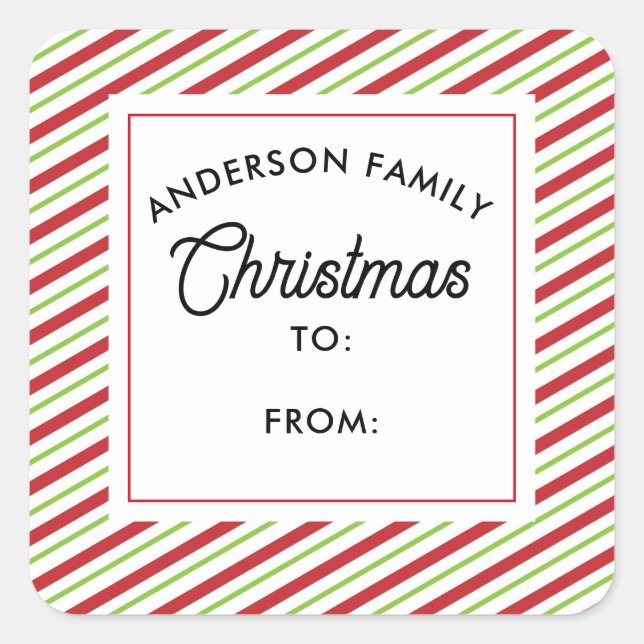 Adesivo Quadrado Feriado de Stripes Diagonais Vermelhas e Verdes (Frente)