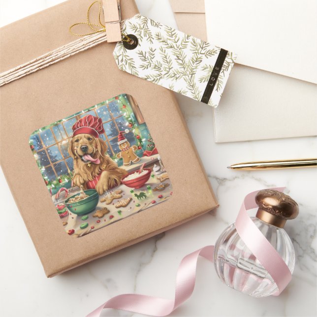 Adesivo Quadrado Feriado do ouro Retriever: Natal Festivo (Presentear)
