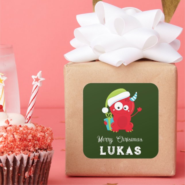 Adesivo Quadrado Feriado Engraçado do Monstro Vermelho de Natal (Festa)