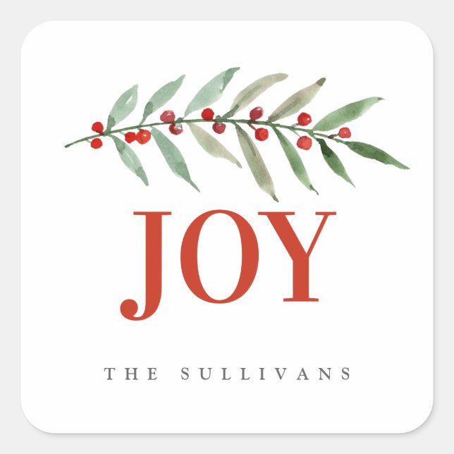 Adesivo Quadrado Feriado Moderno, Natal, JOY Winter Berry (Frente)