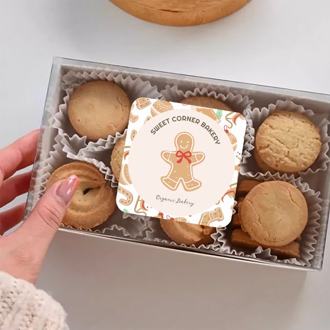 Adesivo Quadrado Feriado Pão de Gingerpão - Sala de Natal Promo (Holiday Gingerbread Bakery Xmas Promo Square Sticker)