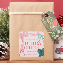 Adesivo Quadrado Feriado Rosa, Arcos Verdes e Verdes, Feliz Natal