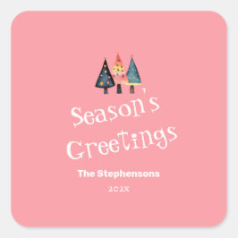 Adesivo Quadrado Feriado Rosa de Árvore de Natal Bonito