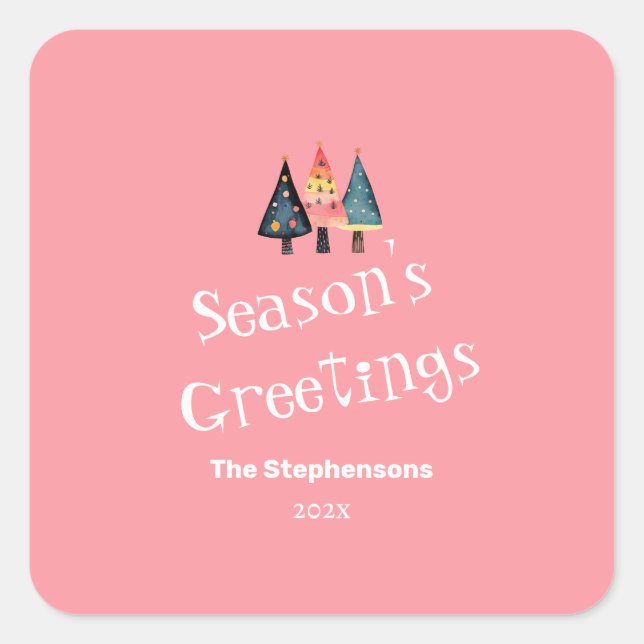 Adesivo Quadrado Feriado Rosa de Árvore de Natal Bonito (Frente)