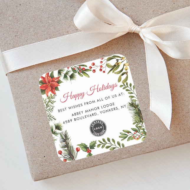 Adesivo Quadrado Feriados de Natal do logotipo de sua empresa (Business Logo Botanical Red Berries Happy Holidays Christmas Square Sticker)