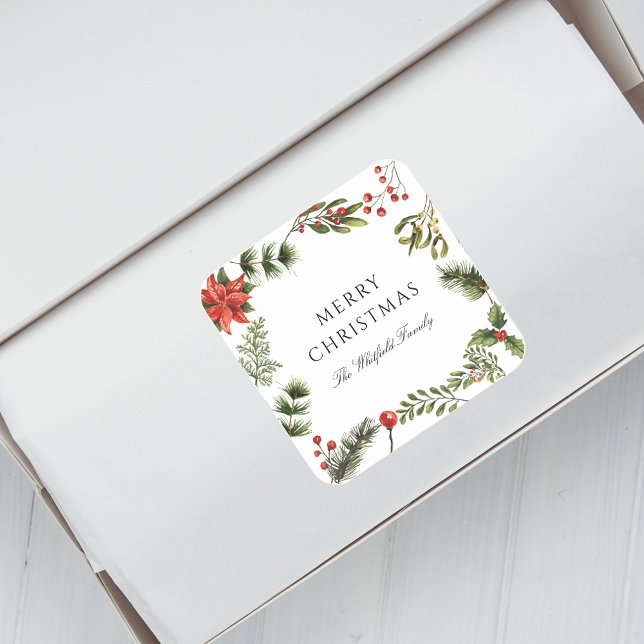Adesivo Quadrado Feriados de Natal em Aquarela (Christmas Red Berries Botanical Script Envelope Seal Sticker)
