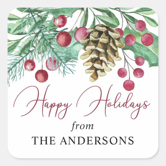 Adesivo Quadrado Feriados Felizes Elegante Watercolor (Frente)