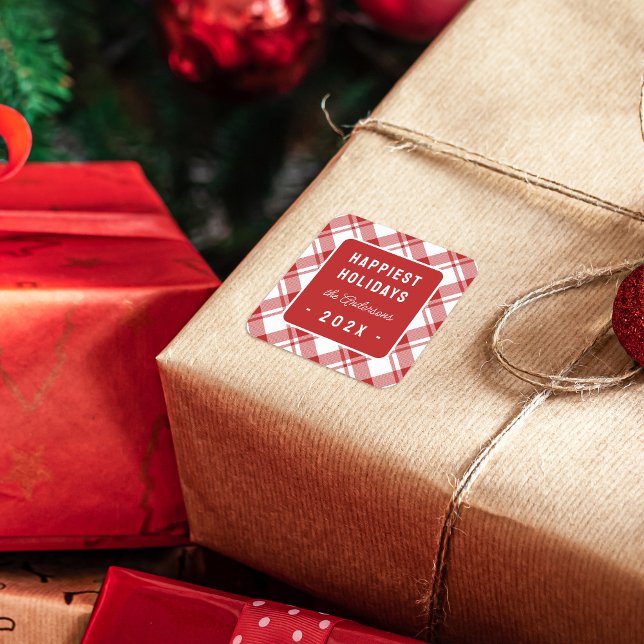 Adesivo Quadrado Feriados mais felizes da Xadrez de Tartan Vermelho (Criador carregado)