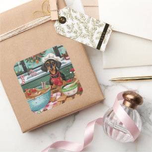 Adesivo Quadrado Férias Dachshund Baking: Natal Festivo