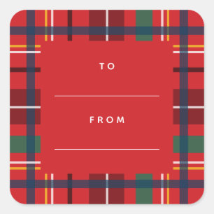 Adesivo Quadrado Férias de xadrez de Natal para o presente vermelh
