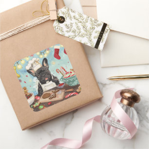 Adesivo Quadrado Férias do Buldogue Francês Baking: Natal Festivo