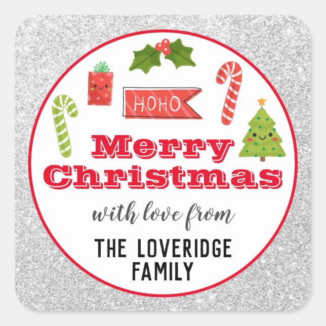 Adesivo Quadrado Férias Festivas Feliz Natal Red Silver Glitter (Frente)