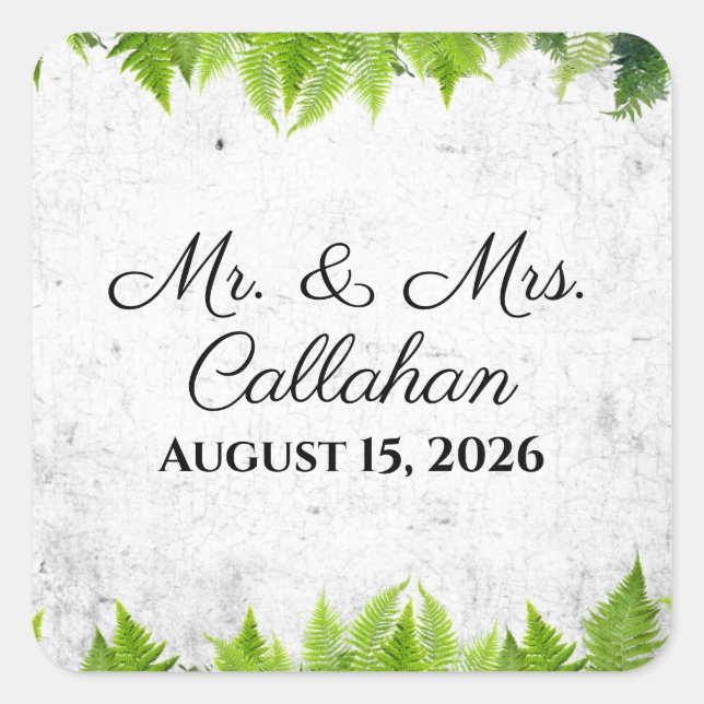 Adesivo Quadrado Ferns Naturais Elegantes Casamento Romântico Folha (Frente)
