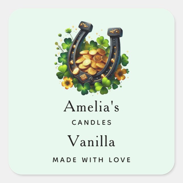 Adesivo Quadrado Ferradura da Sorte e Moedas Douradas (Frente)