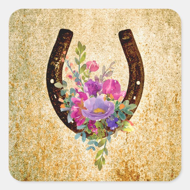 Adesivo Quadrado Ferradura Rústica Aquarela Floral Boa Sorte (Frente)