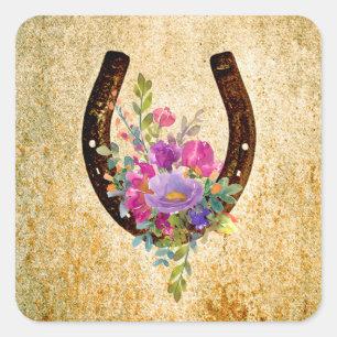 Adesivo Quadrado Ferradura Rústica Aquarela Floral Boa Sorte