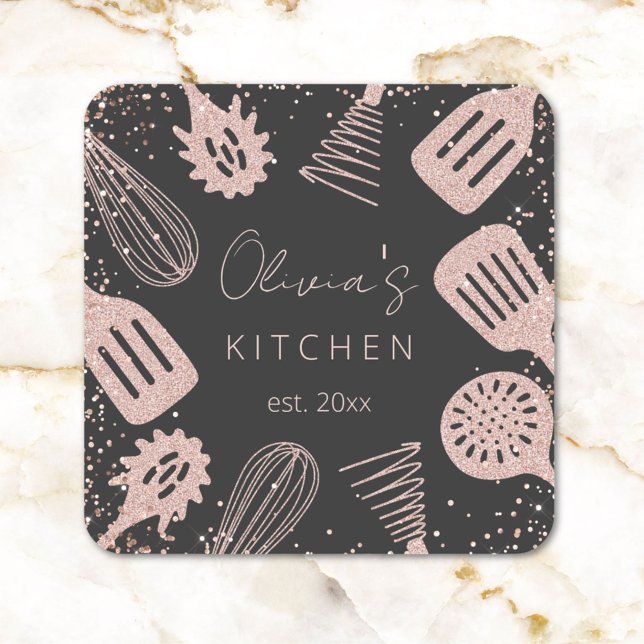 Adesivo Quadrado Ferramentas de Cozinhar Glitter Dourado para Rosa  (Close up)