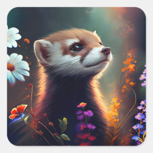 Adesivo Quadrado Ferret em um Vinheta das Flores